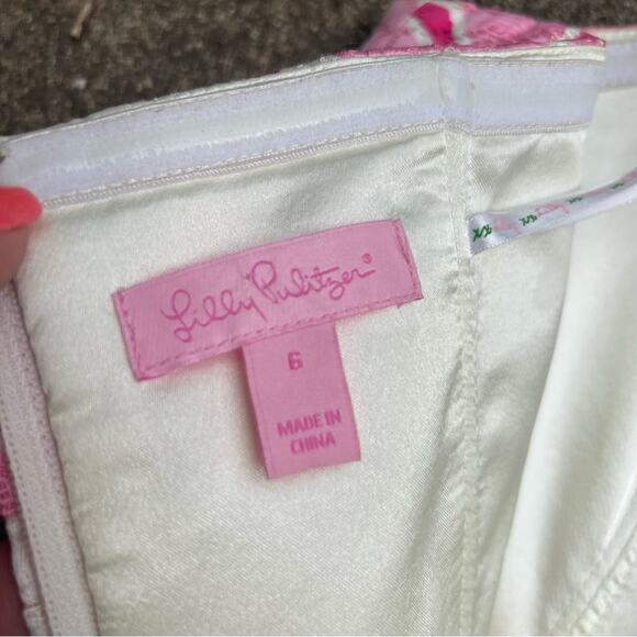 Lilly Pulitzer Pink White Strapless Silk Blend Sheath Dress Brocade Jacquard 6 - Picture 5 of 10